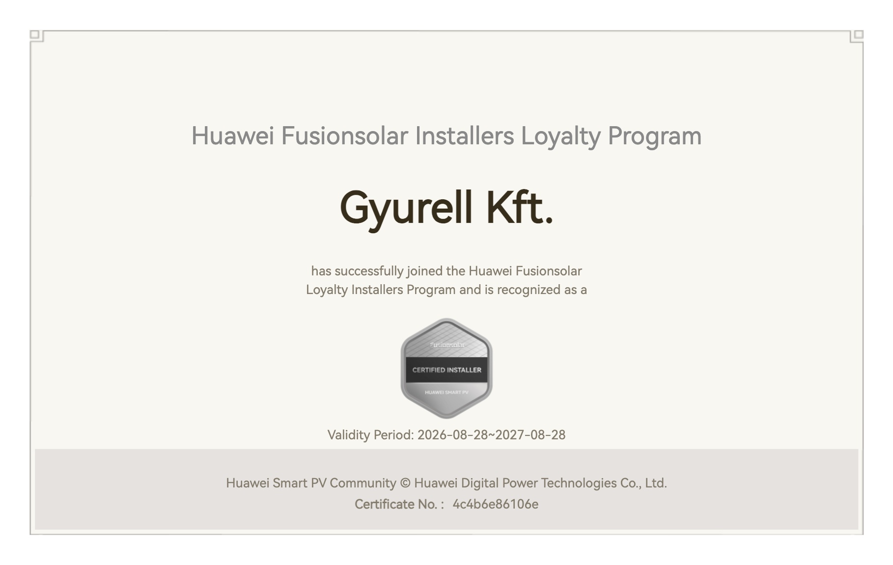GYURELL Kft. Huawei FusionSolar Certified Installer tanúsítvány